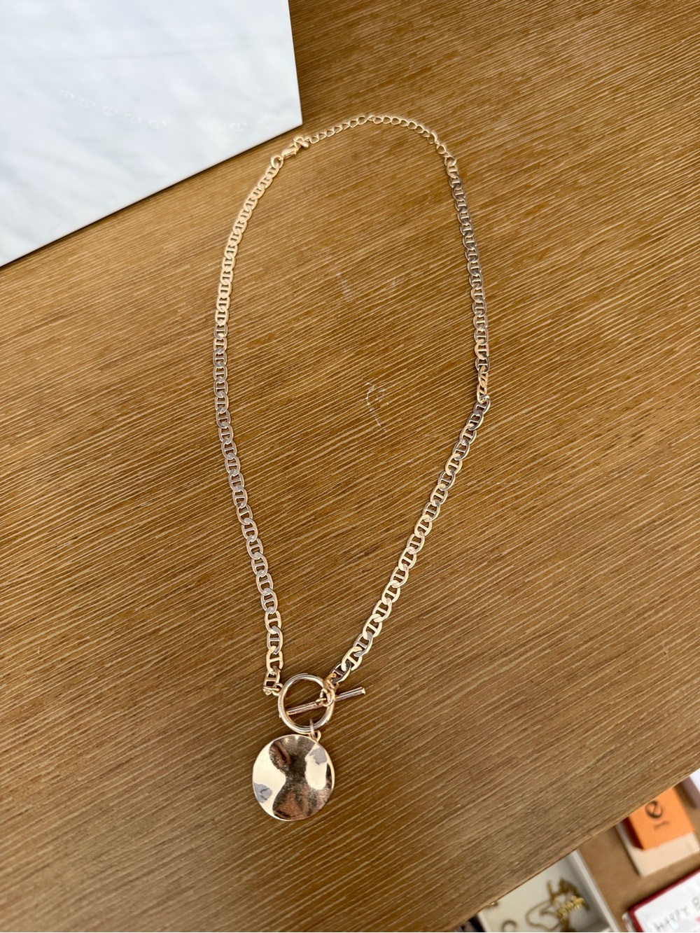 Gold Link Necklace with Hammered Disc Pendant